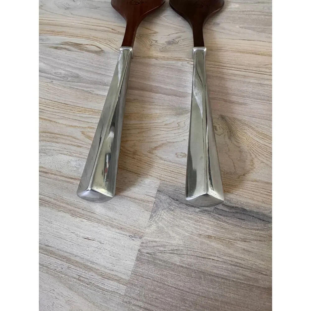 VINTAGE Lenox Salad Serving Utensils Spoon & Fork Set Tongs Wooden Silver Handle